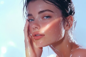 Face girl with clean perfect skin and drops of water on her face. Looking at the camera. Blue eyes, smooth skin, Makeup Beauty. Fashion close-up portrait of a beauty model with natural nude makeup