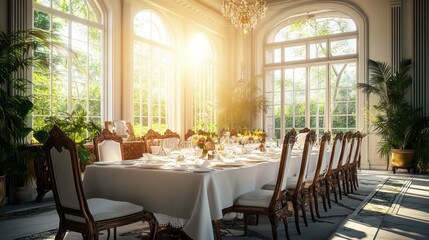Sunlit dining room with long table set for a formal dinner party.