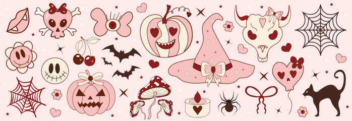 Pink girly coquette halloween set. Lovely cute collection, witch hat, pumpkins with bows, pink ribbon, spider web, skulls. Vector illustration