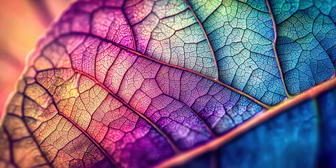 A leaf with a rainbow of colors is shown