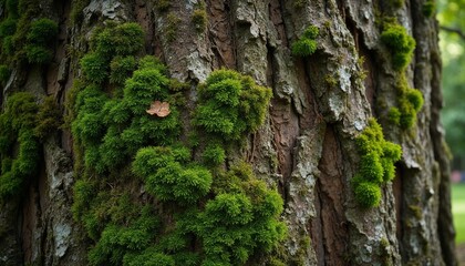 Tree bark with green moss growing in natural forest setting