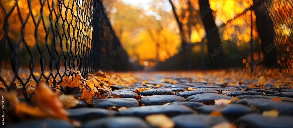 Poster Close-up view of a cobblestone path in a park, with fallen leaves scattered on the ground and a chain-link fence in the foreground.  