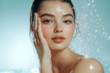 Face girl with clean perfect skin and drops of water on her face. Looking at the camera. Blue eyes, smooth skin, Makeup Beauty. Fashion close-up portrait of a beauty model with natural nude makeup
