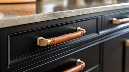 Close-up view of custom kitchen cabinetry hardware featuring leather-wrapped handles and a matte black finish, highlighting elegant design