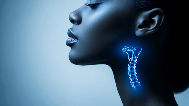 A woman and her thyroid gland, which may be affected by diseases such as goiter, hyperthyroidism, hypothyroidism, tumors or cancer.
