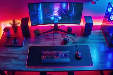 A vibrant gaming setup with LED lighting and a curved monitor displaying futuristic visuals in a dimly lit room