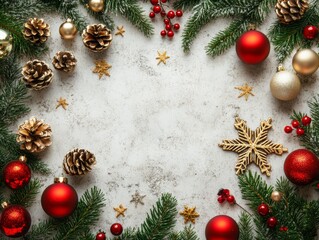 Christmas baubles and evergreen branches forming a festive border on background, Christmas border and banner web poster