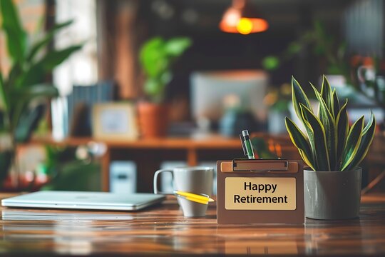 A cozy office desk featuring a "Happy Retirement" sign, surrounded by plants, a mug, and a notebook, creating a warm and inviting atmosphere.