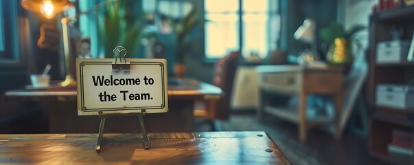 A cozy interior featuring a "Welcome to the Team" sign suggests a warm, inviting workspace filled with plants and natural light.