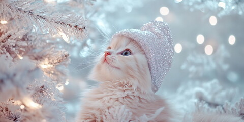 A cute fluffy red white kitten in a christmas hat sitting on the ground against an Christmas tree with silver decor