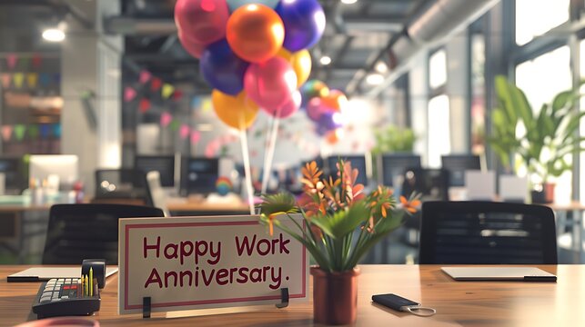A vibrant office scene celebrating a work anniversary, featuring colorful balloons and a cheerful sign on the table.