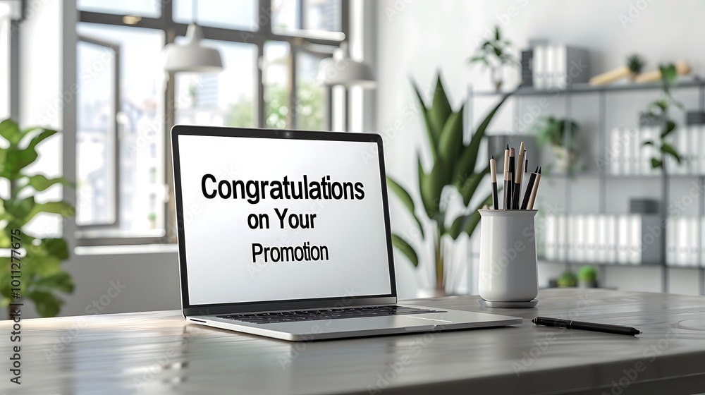Poster a sleek workspace features a laptop displaying a congratulatory message for a promotion, illuminated
