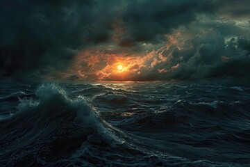 Fototapeta premium Dark Sea. Stormy Sunset on the Ocean with Dramatic Cloudy Sky