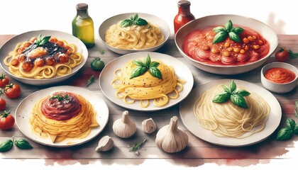 collection of delicious Italian pasta in watercolor painting style