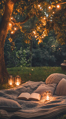 Tranquil Outdoor Night Reading Under the Stars with Soft Lighting  