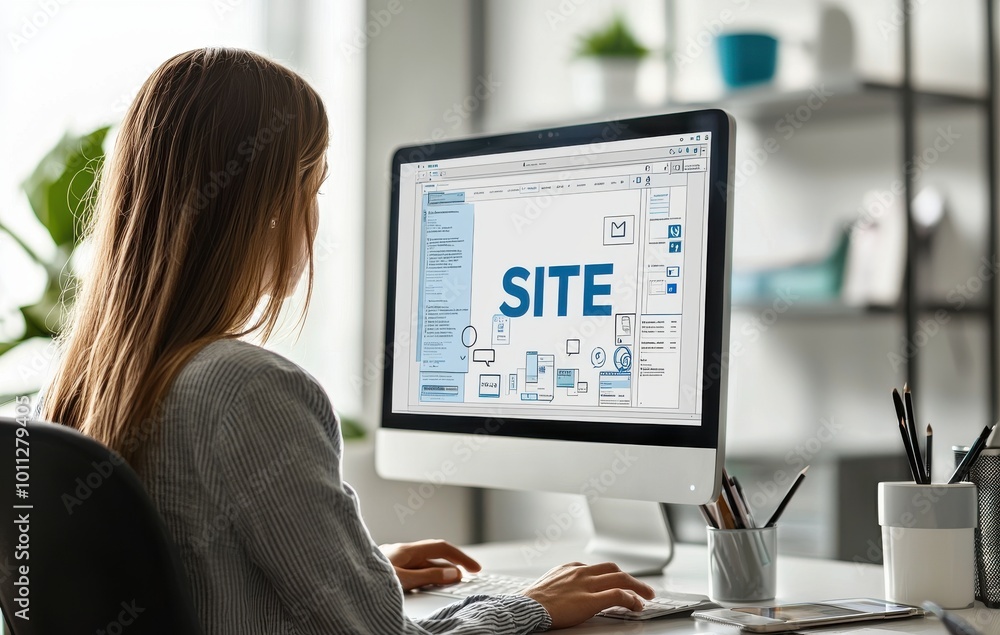 Aufkleber woman working on a computer designing a website layout in a modern office environment