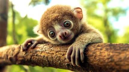 A wide-eyed baby lemur clinging to a branch, gazing with curiosity in a sunlit