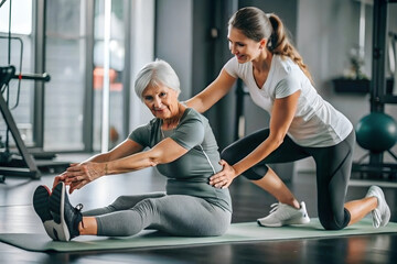 Personal trainer assisting senior woman with a stretch during a workout session. Indoor fitness class, personalized care, gentle exercise for flexibility and healthy aging