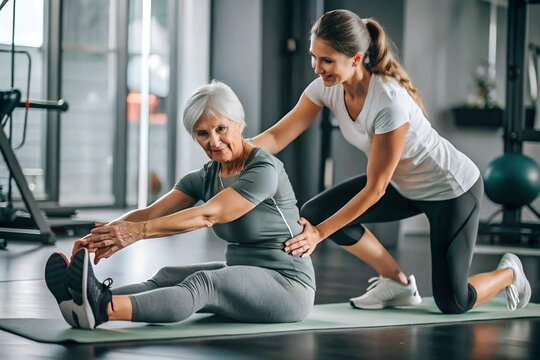 Personal trainer assisting senior woman with a stretch during a workout session. Indoor fitness class, personalized care, gentle exercise for flexibility and healthy aging