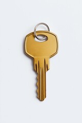 A shiny golden house key with intricate design details is placed against a clean white background, symbolizing security and access in a modern context.
