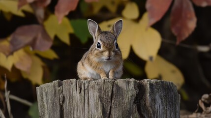 Adorable tiny mouse on a tree bark with golden sunlight in the background