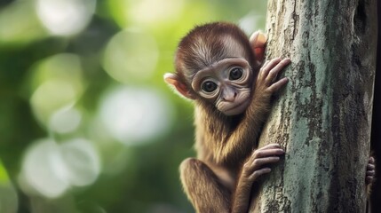 Fototapeta premium A young monkey clinging to a tree with large, expressive eyes, in a forest setting.