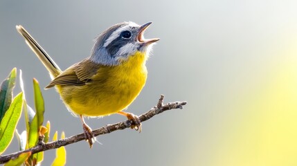 Obraz premium Little bird perched on a leafy branch with soft green light in the background.