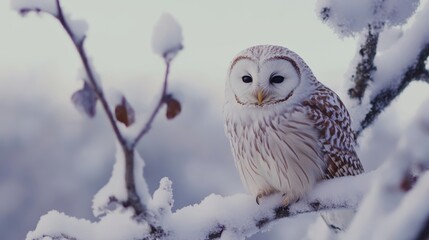 Fototapeta premium A white owl perched on a snow-covered branch in a serene winter landscape, surrounded by frosted trees.