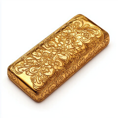 Fototapeta premium A single gold ingot with intricate designs, isolated on a white background, bright and even lighting, simple and clean composition 
