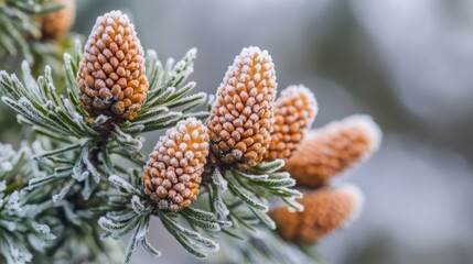 Fototapeta premium Frosty pine cones stand out against a backdrop of snowy green branches, creating a close-up winter nature scene.
