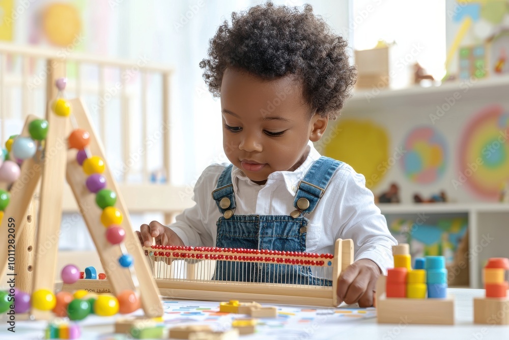 Poster young boy playing with an abacus in a colorful playroom setting, exploring early childhood learning 