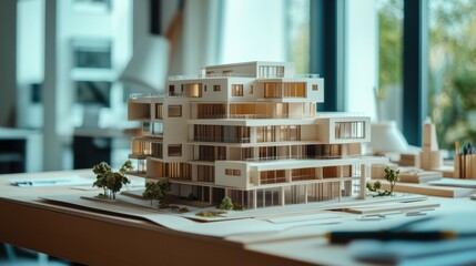 Architectural model of modern residential building on design workspace.