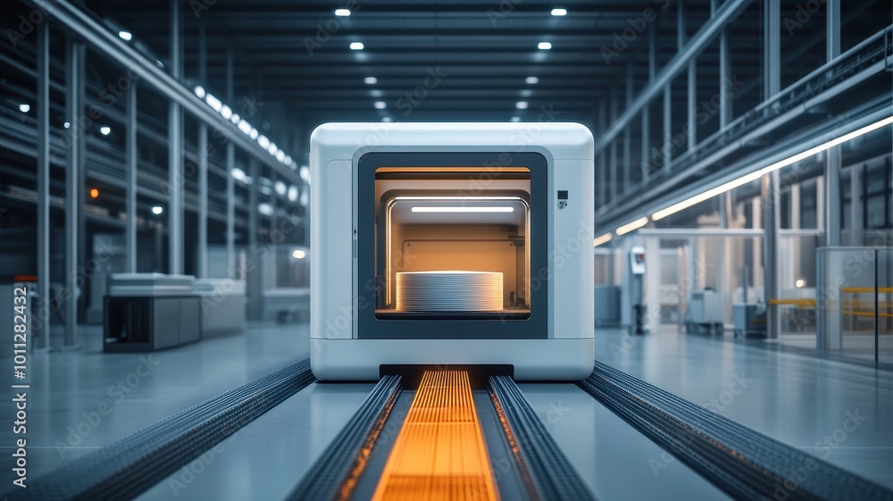 Poster 3d rendering of an industrial laser etching machine in action, inside the production hall of a moder