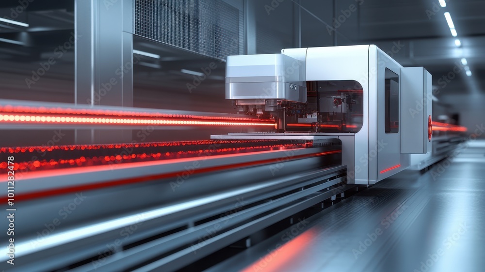 Poster an industrial machine with a digital display on the side, placed in front of a long conveyor belt in