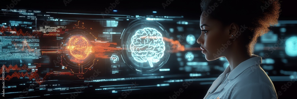 Aufkleber black female scientist analyzing holographic brain scan on futuristic interface with data charts.