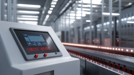 An industrial machine with a digital display on the side, placed in front of a long conveyor belt inside a factory hall. 3D rendering