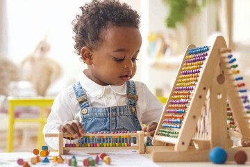 A young boy playing with a colorful abacus in a bright room, learning mathematics and developing cognitive skills through educational play