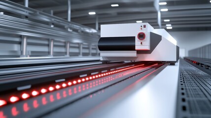 3D rendering of an industrial laser etching machine in action, inside the production hall of a modern factory, with a white and grey color scheme and red LED lights illuminating its exterior. 