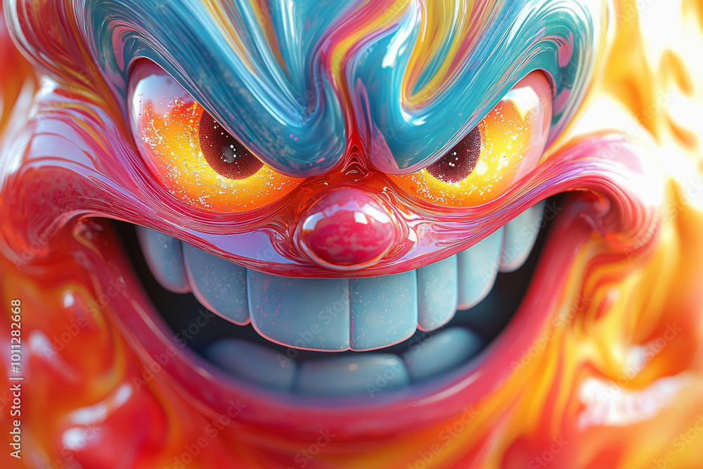 Poster a vividly designed character with a menacing smile and fiery colors, displaying intense emotions and