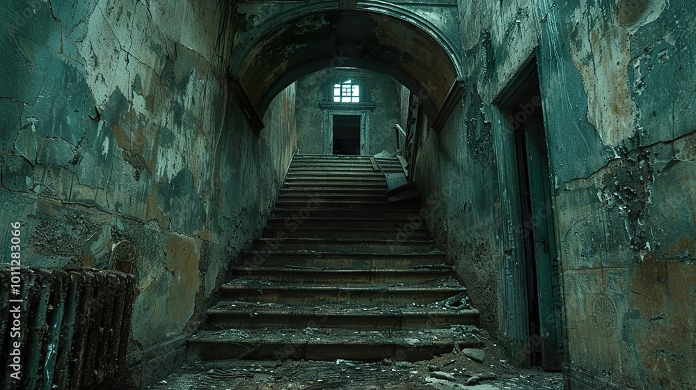 Poster Eerie Staircase in an Abandoned Building