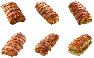 Delicious baked pastry rolls with various savory fillings and toppings. Set png isolated on transparent background