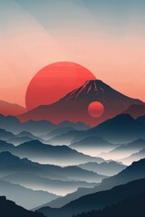 Fototapeta premium japanese style mountain landscape, simple design, flat design japanese style mountain landscape 