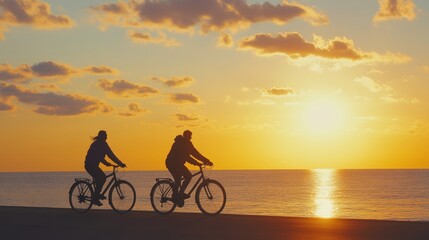 Obraz premium Two cyclists riding at sunset along the seaside. Recreational activity and healthy lifestyle concept.