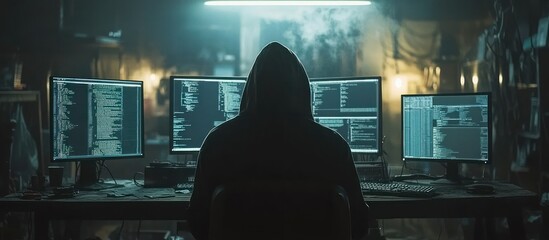 Silhouette of a hooded hacker working on multiple computer screens in a dark room.