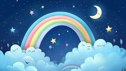 A colorful rainbow arches over fluffy clouds with smiling faces against a dark blue night sky dotted with stars and a crescent moon - Powered by Adobe