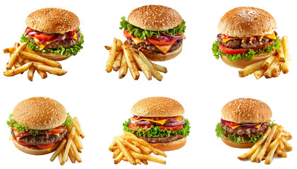 Delicious hamburgers with fries. Set png isolated on transparent background
