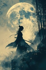 illustration A Japanese-style girl in a samurai armor, holding a katana and looking determined, with a traditional Japanese castle in the background 