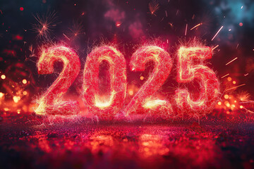 celebrate 2025 with red fireworks, glowing numbers with explosion effect, explosive new years eve, photorealistic