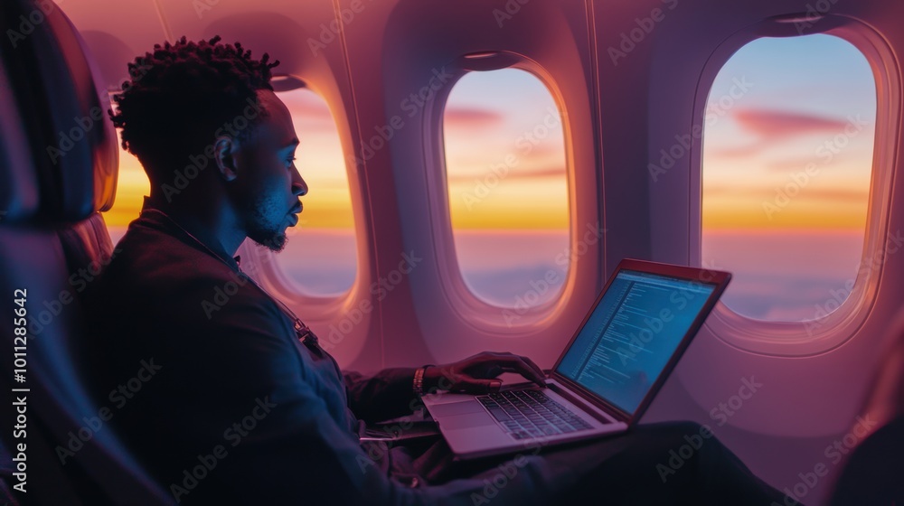 Poster software developer coding on laptop in airplane cabin during sunset. modern work lifestyle concept