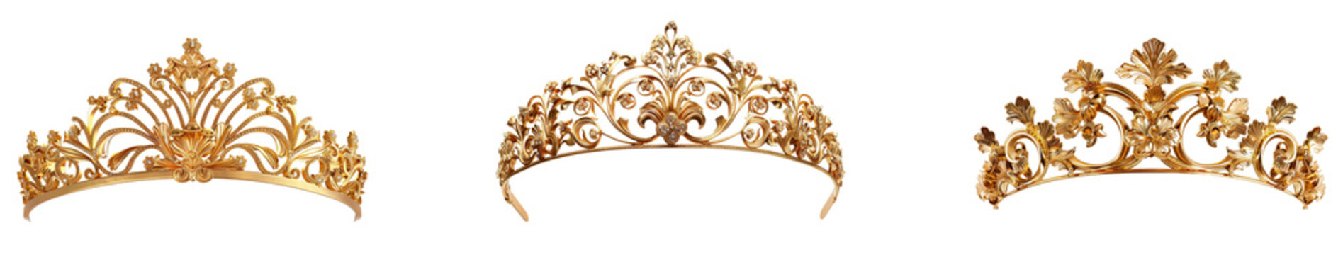 Three elegant gold tiaras. Set png isolated on transparent background